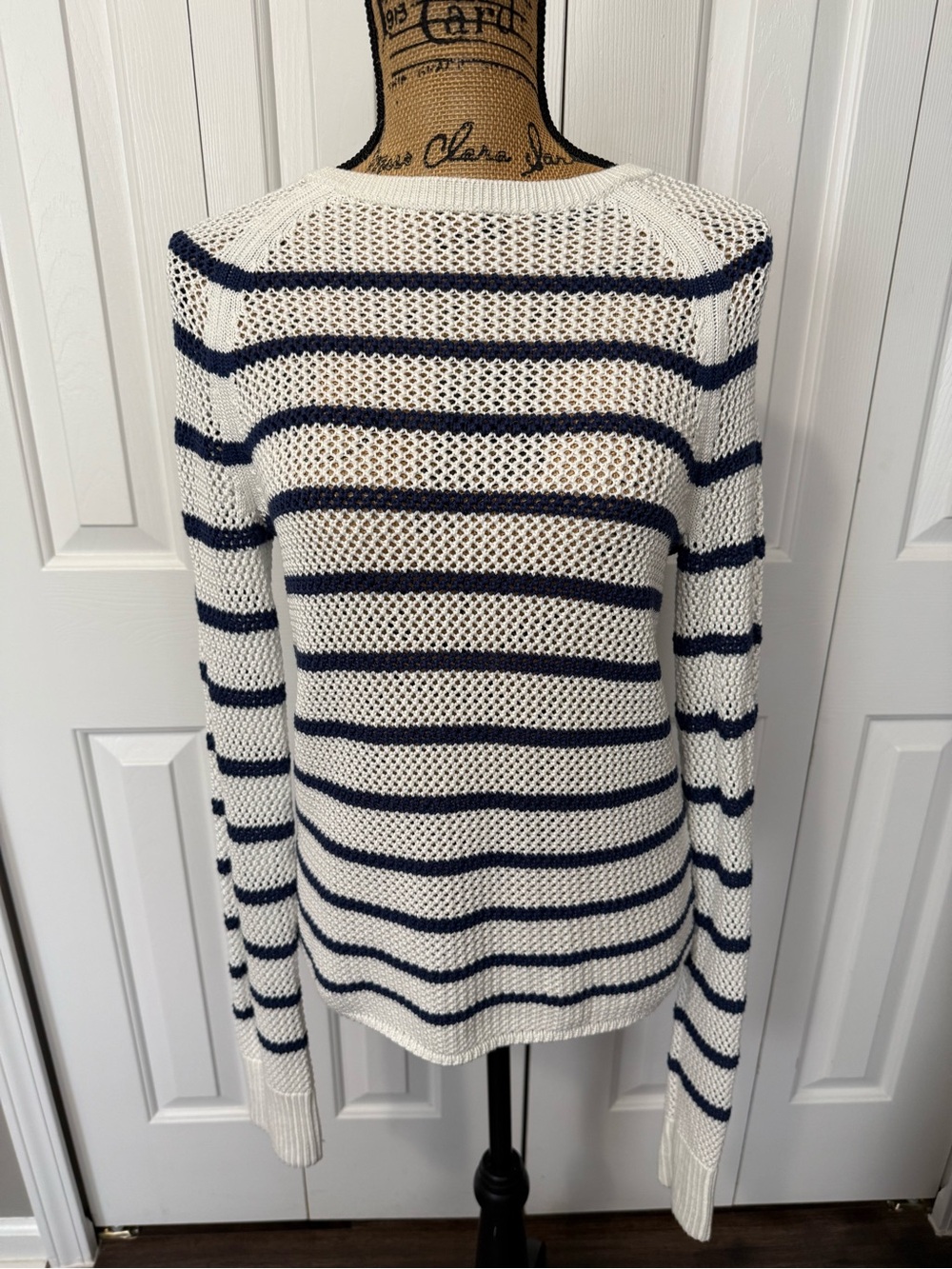 J. McLaughlin White and Navy Open-Knit Striped Crewneck Sweater
